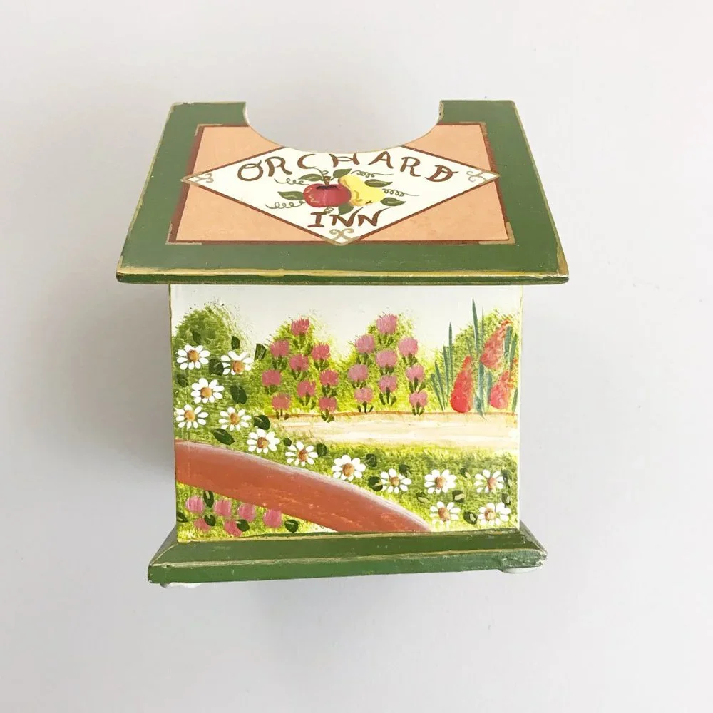 VINTAGE Cozy Cottagecore Tissue Box Hand Painted Orchard Path Field Of Flowers